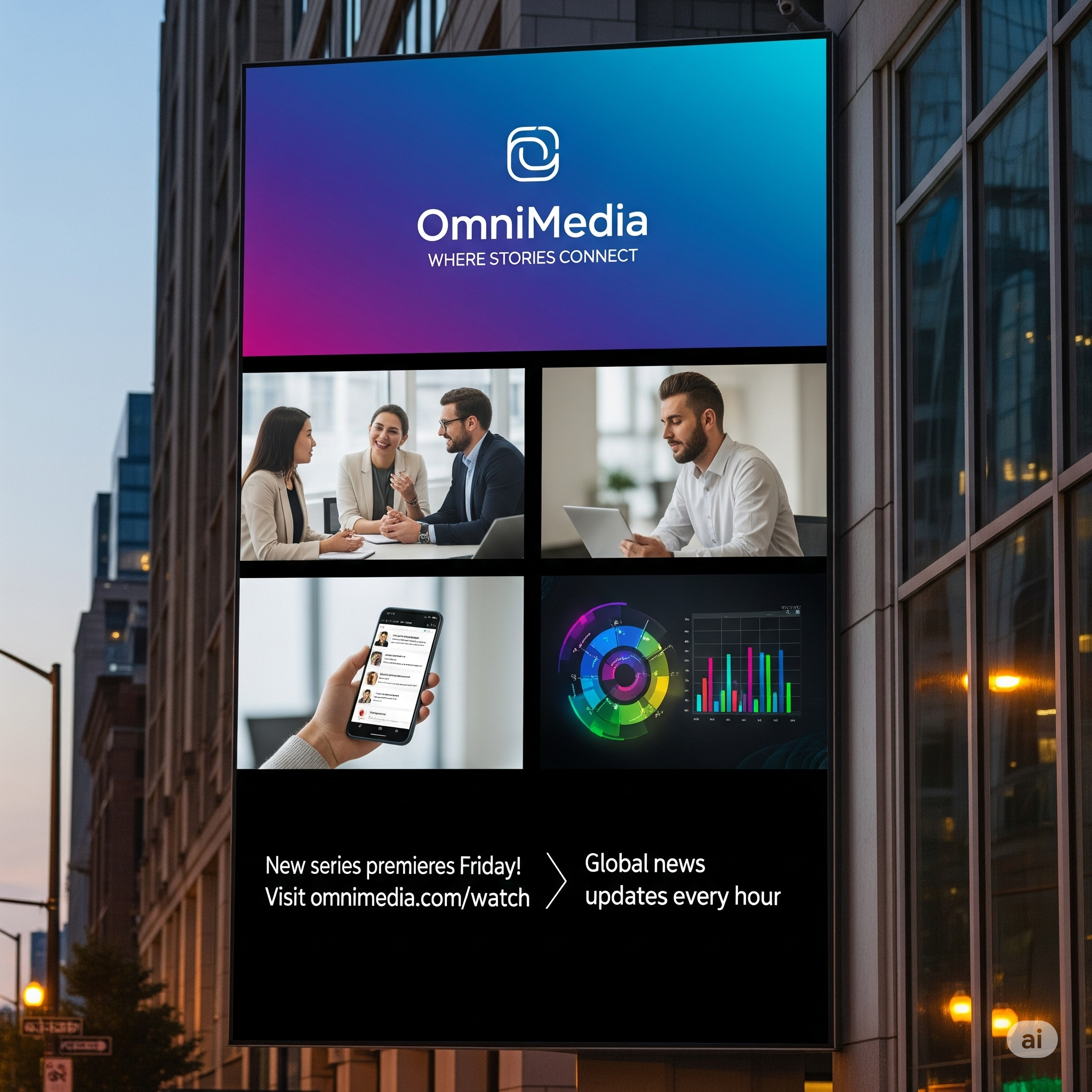 Digital signage display showing multiple content panels